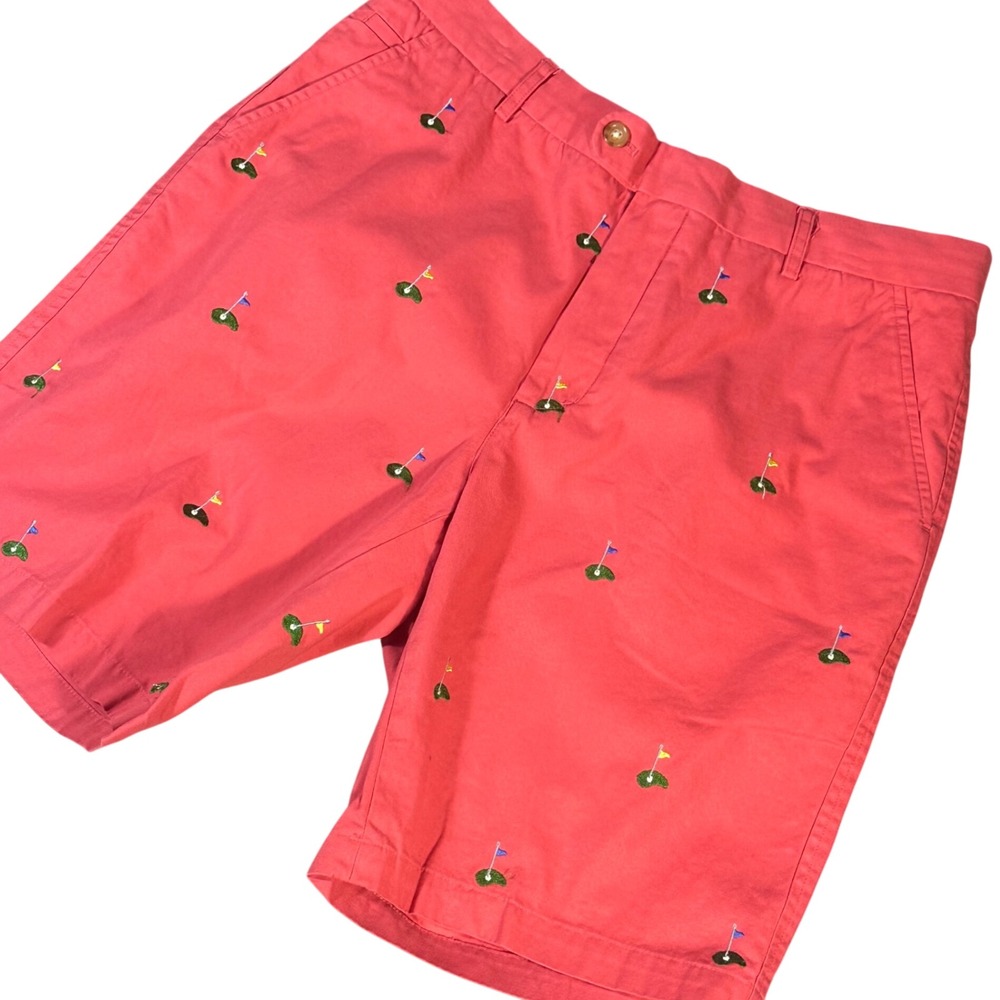 J.McLaughlin Shorts Mens 34‎ Coral Pink Golf Flag Embroidered Chino Cotton